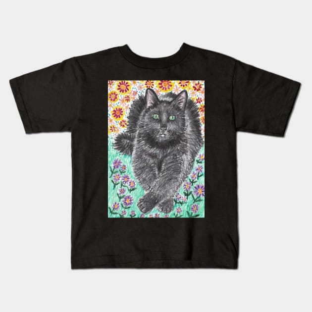 Black cat in the flowers Kids T-Shirt by SamsArtworks